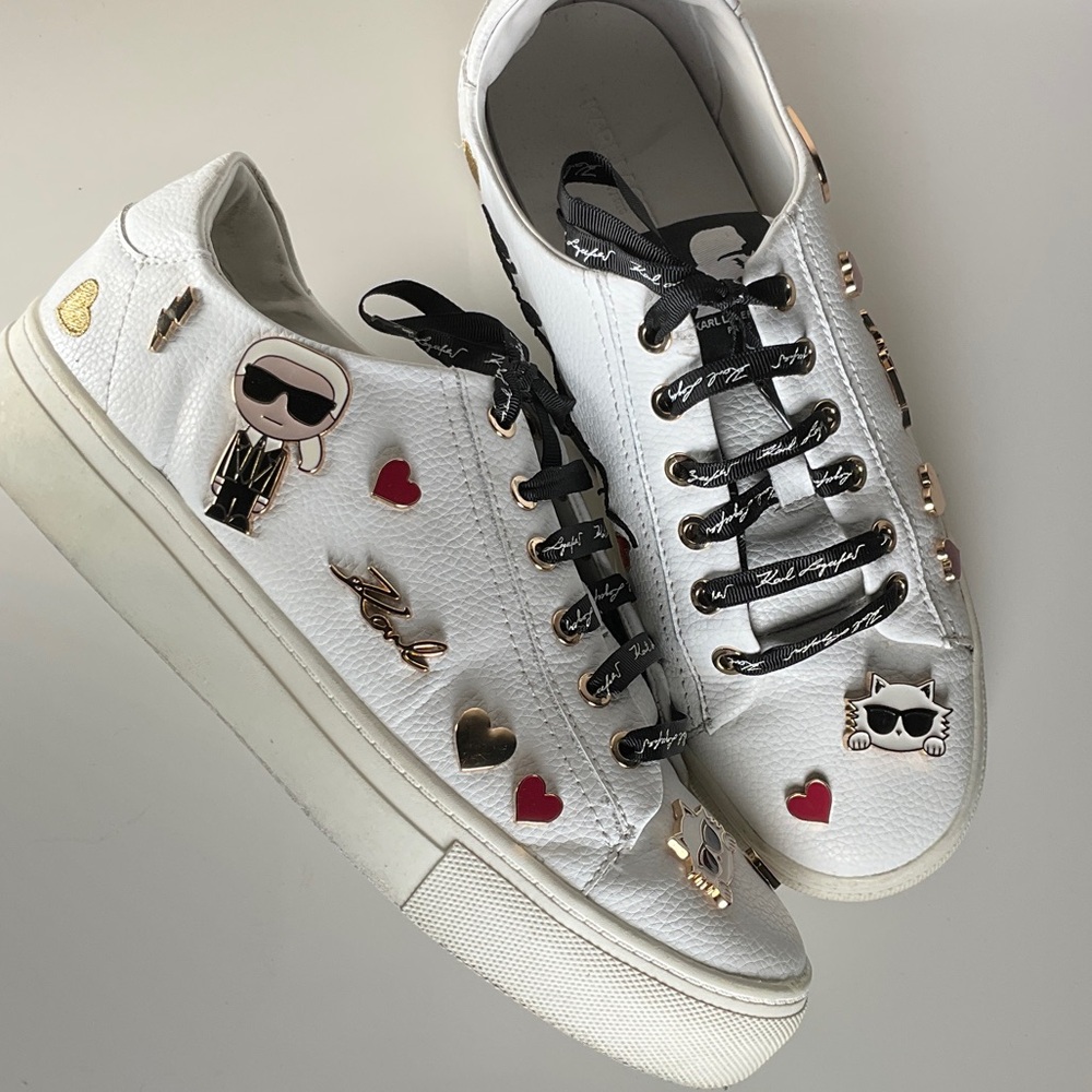 White Karl Lagerfeld Cate Pin Logo Leather Sneakers with Heart Accents